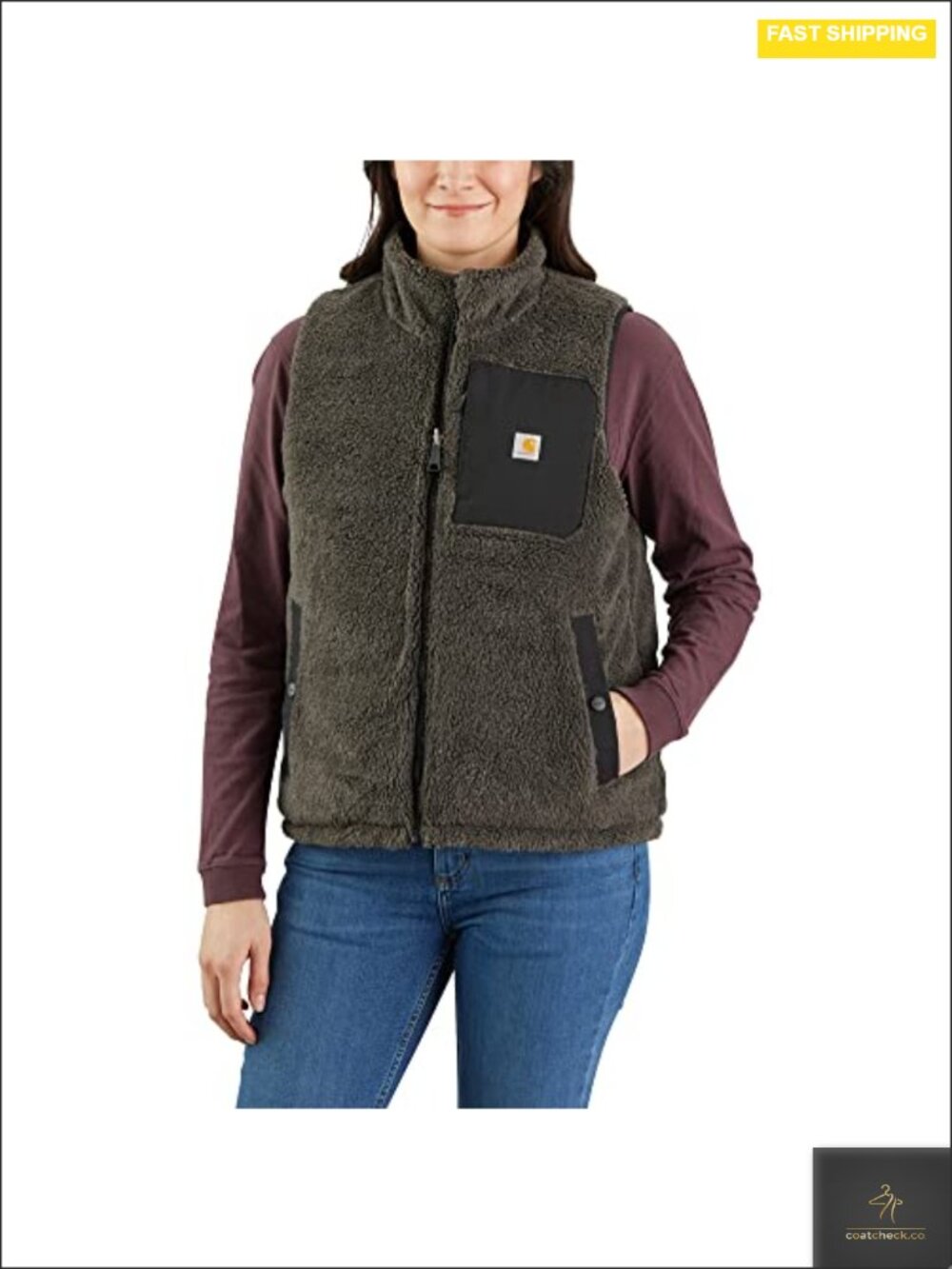 Women's Reversible Insulated Vest, Sherpa-Lined Nylon Utility Vest